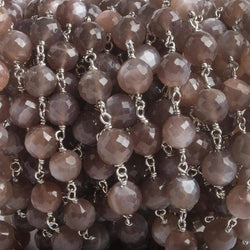6.5mm Chocolate Moonstone faceted round .925 Silver Chain by the foot 24 pieces (ONLINE ORDER ONLY)
