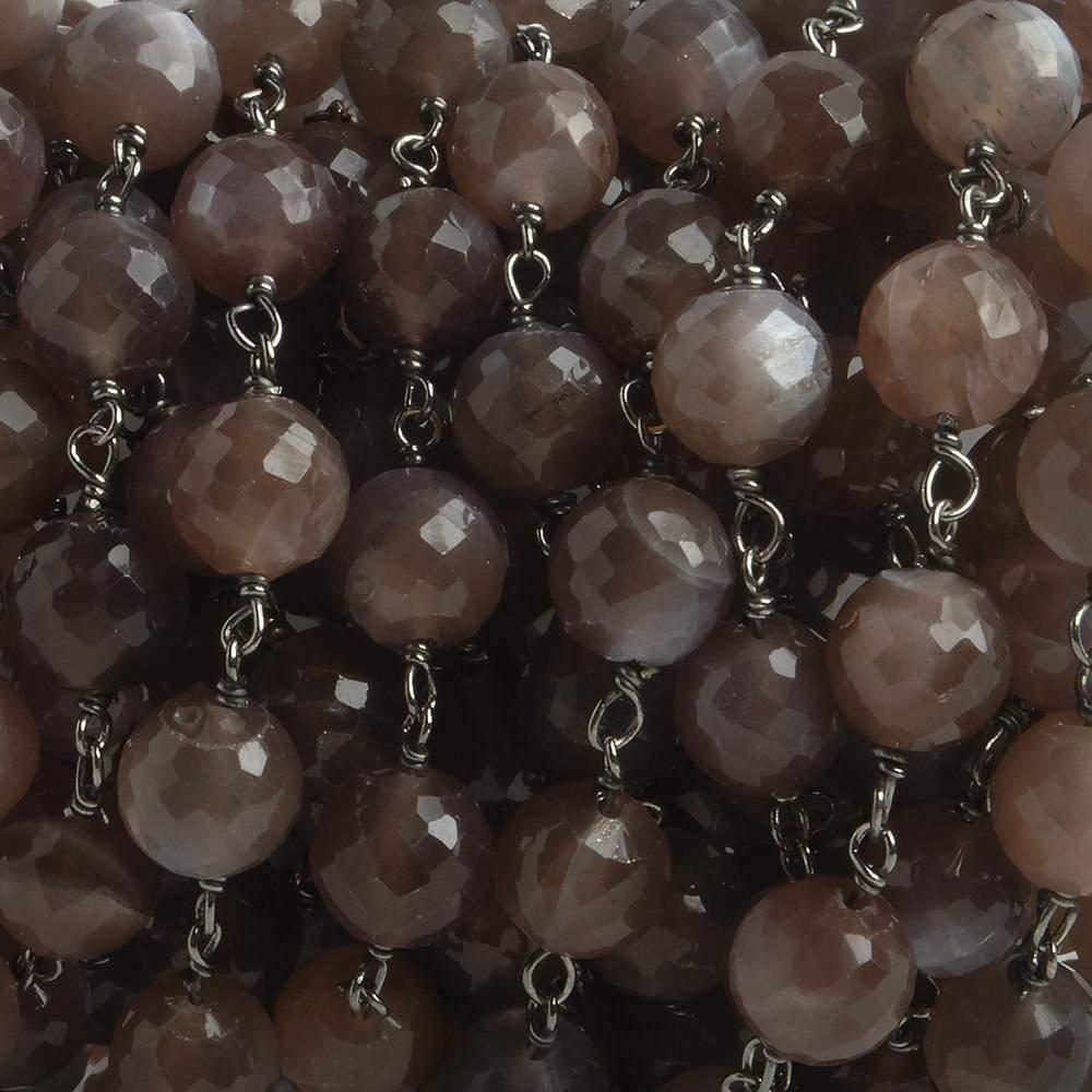 6.5mm Chocolate Moonstone faceted round Black Gold .925 Silver Chain by the foot 24 pieces (ONLINE ORDER ONLY)