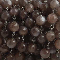 6.5mm Chocolate Moonstone faceted round Black Gold .925 Silver Chain by the foot 24 pieces (ONLINE ORDER ONLY)