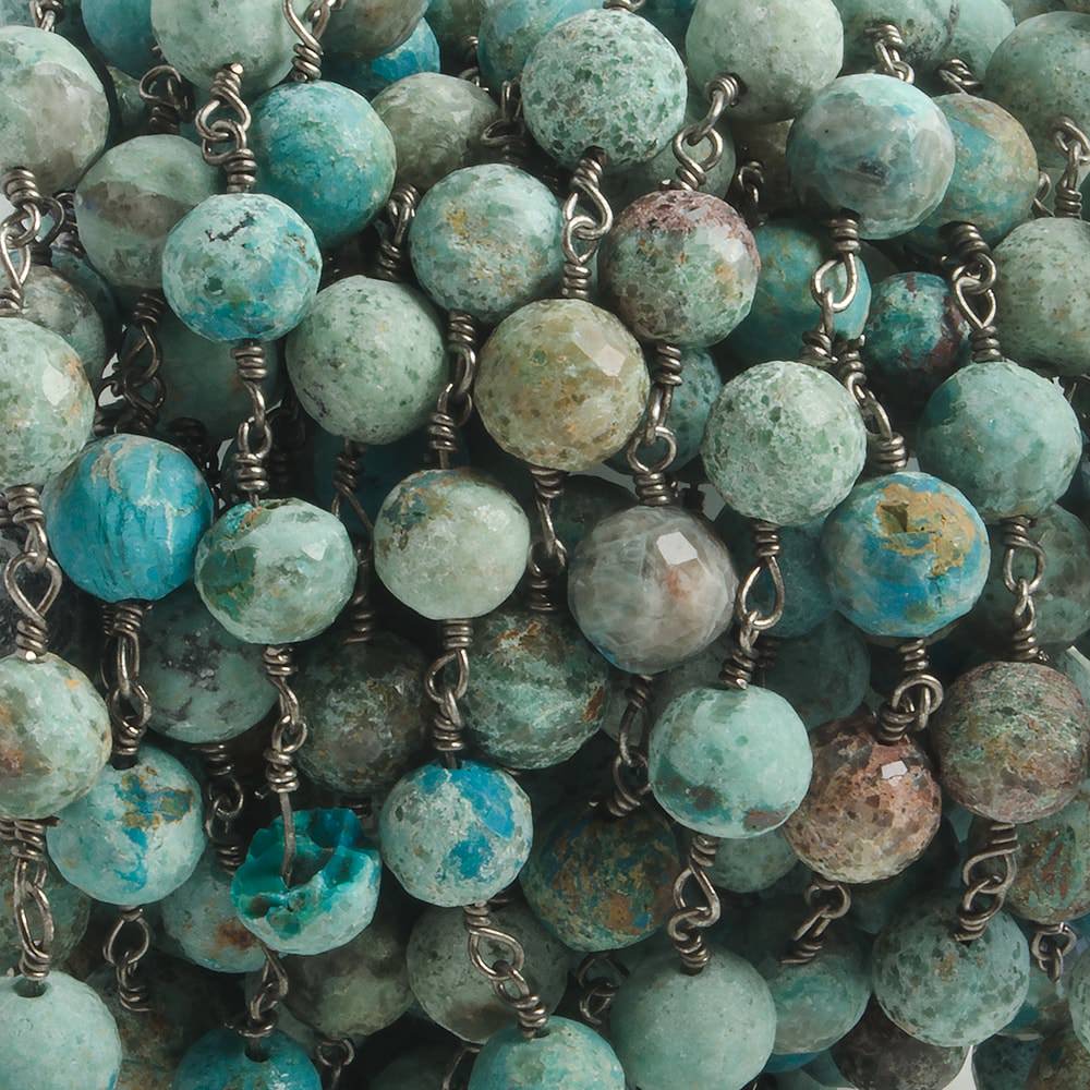 6.5mm Matte Chrysocolla faceted round Black Gold .925 Silver Chain 24 pieces (ONLINE ORDER ONLY)