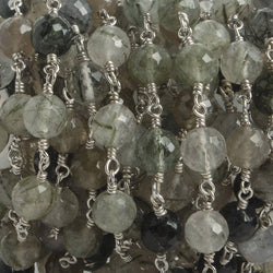 6.5mm Green Tourmalinated Quartz faceted round .925 Silver Chain by the foot 24 pieces (ONLINE ORDER ONLY)
