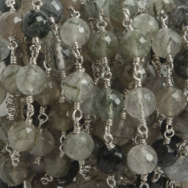 6.5mm Green Tourmalinated Quartz faceted round .925 Silver Chain by the foot 24 pieces (ONLINE ORDER ONLY)