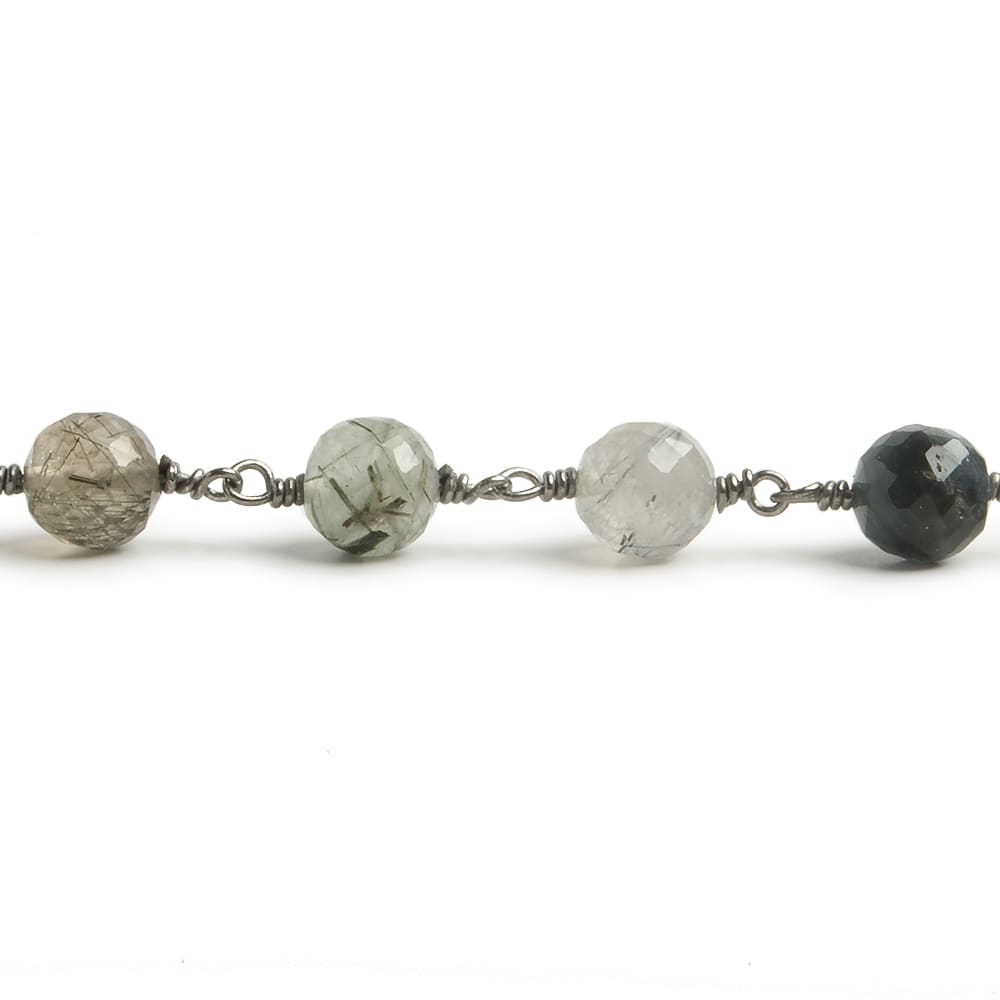 6.5mm Green Tourmalinated Quartz faceted round Black Gold .925 Silver Chain by the foot 24 pieces (ONLINE ORDER ONLY)