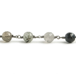 6.5mm Green Tourmalinated Quartz faceted round Black Gold .925 Silver Chain by the foot 24 pieces (ONLINE ORDER ONLY)