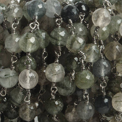 6.5mm Green Tourmalinated Quartz faceted round Black Gold .925 Silver Chain by the foot 24 pieces (ONLINE ORDER ONLY)