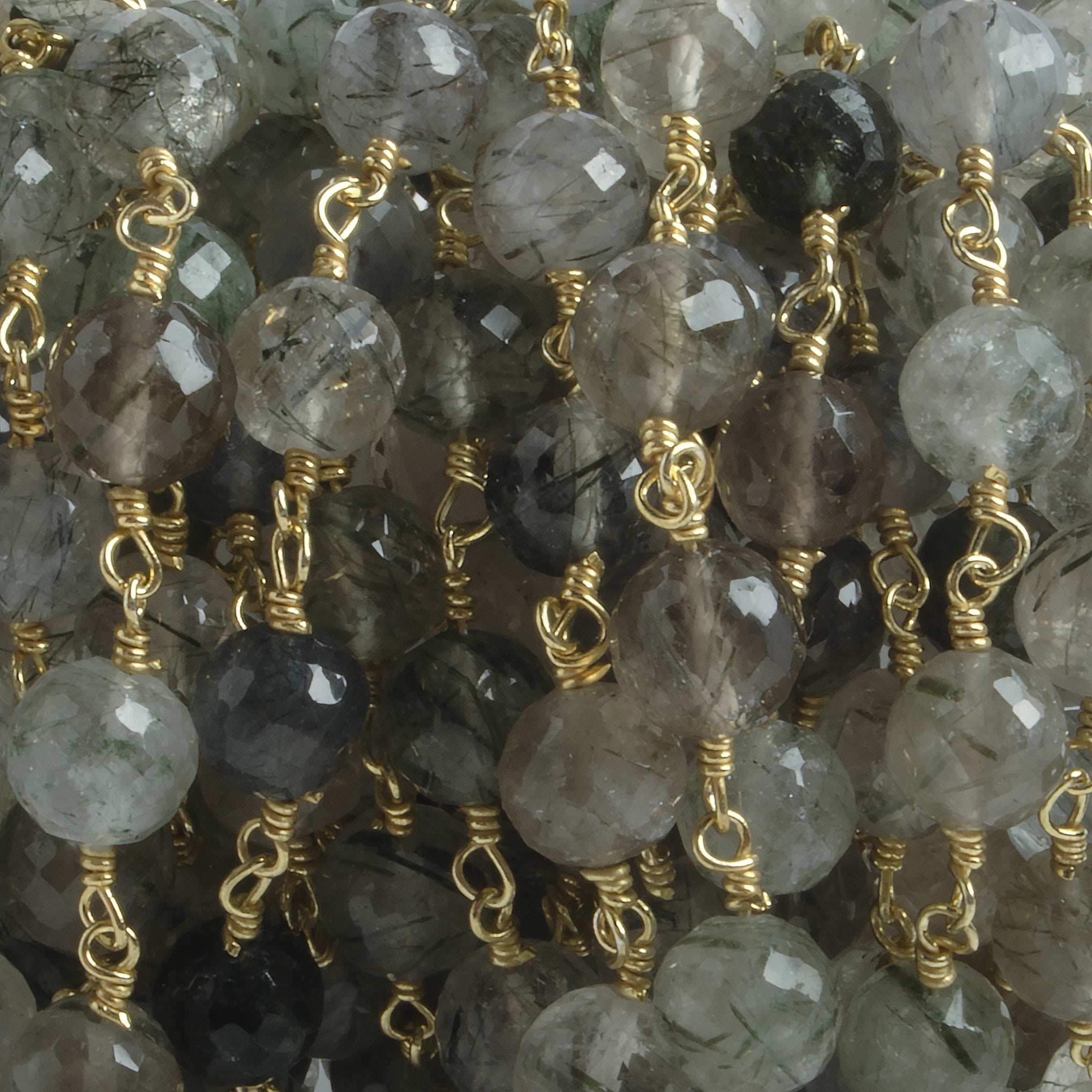 6.5mm Green Tourmalinated Quartz faceted round Vermeil Chain by the foot 24 pieces (ONLINE ORDER ONLY)