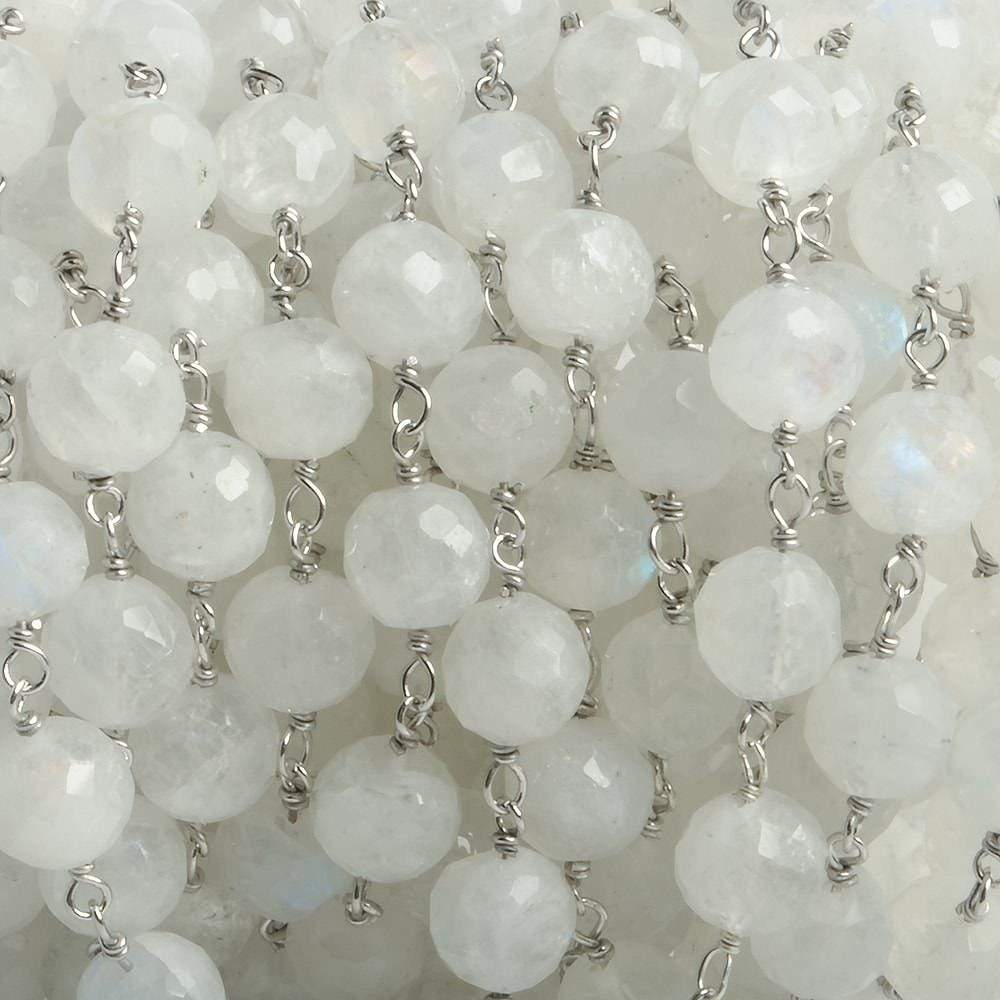 6.5mm Rainbow Moonstone faceted round .925 Silver Chain by the foot 24 pieces (ONLINE ORDER ONLY)
