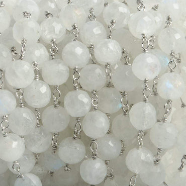 6.5mm Rainbow Moonstone faceted round .925 Silver Chain by the foot 24 pieces (ONLINE ORDER ONLY)
