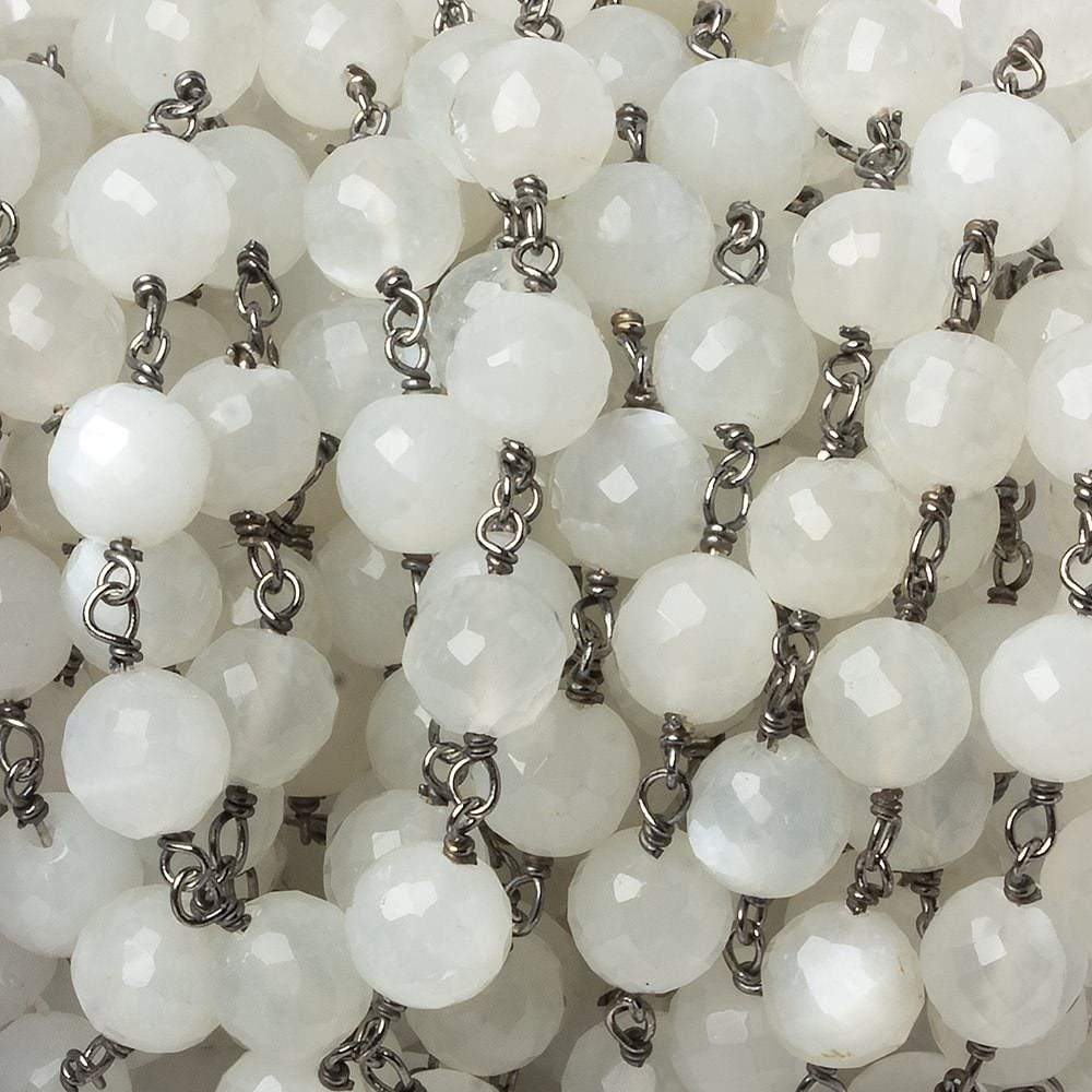 6.5mm White Moonstone faceted round Black Gold .925 Silver Chain by the foot 24 pieces (ONLINE ORDER ONLY)