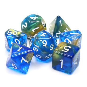 Starry Night Glitter Blue with White Numbering 7-Dice Set RPG (Online Only)