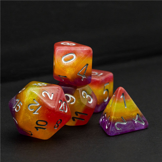 Orange Yellow Purple Glitter Layer 7-Dice Set w/Silver Numbers (Online Only)