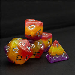 Orange Yellow Purple Glitter Layer 7-Dice Set w/Silver Numbers (Online Only)