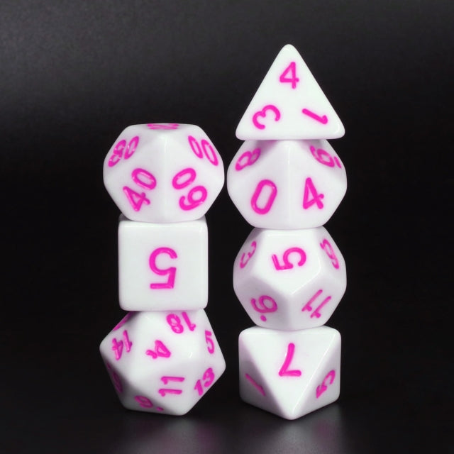 White Opaque with Purple/Pink Numbering 7-Dice Set RPG (Online Only)