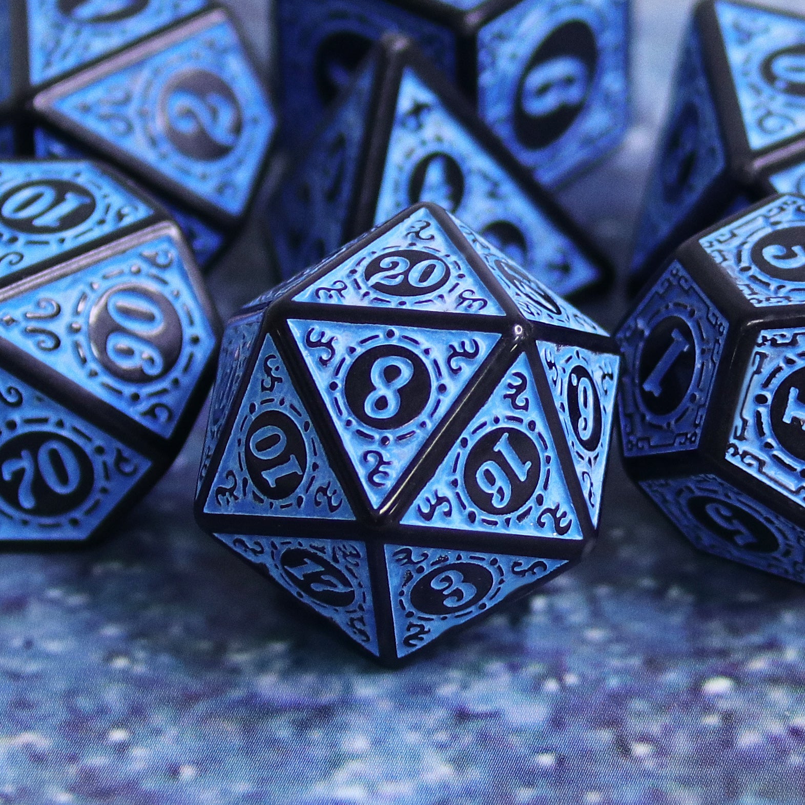 Blue Magic Flame 7-Dice Set DND RPG Dice Black w/Color Fill (Online Only)