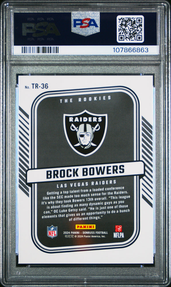 Graded 2024 Panini Donruss Brock Bowers #TR36 The Rookies Rookie RC Football Card PSA 10 Gem Mint (ONLINE ORDER ONLY)