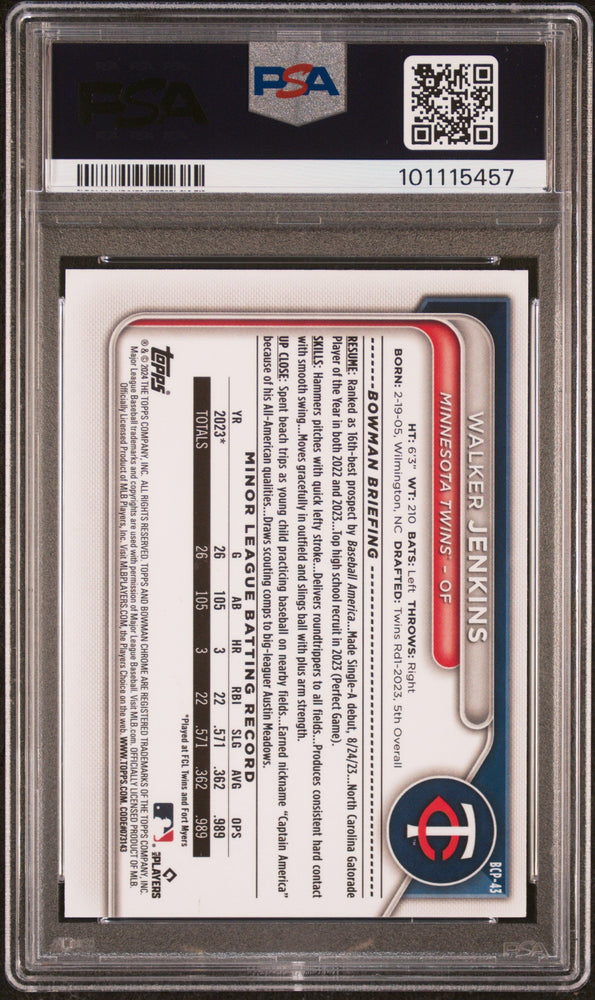 Graded 2024 Topps Bowman Walker Jenkins #BCP43 Chrome Prospects Lunar Glow Refractor Rookie RC Baseball Card PSA 10 Gem Mint (ONLINE ORDER ONLY)