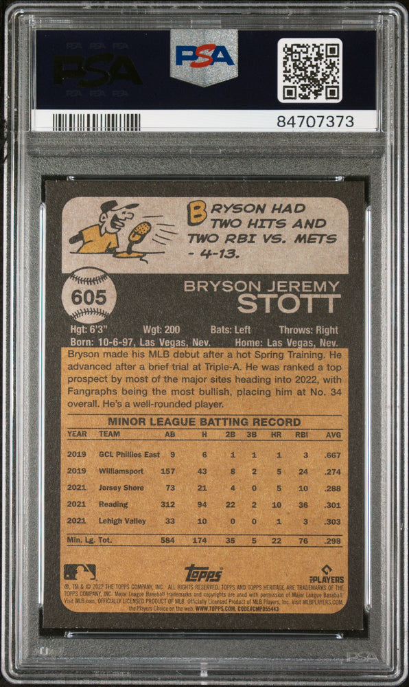 2022 TOPPS HERITAGE BRYSON STOTT  #605 - PSA 10 ROOKIE CARD (Online Order Only)