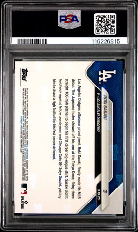 Graded 2025 Topps Now Roki Sasaki #3 Rookie RC Baseball Card PSA 9 Mint (ONLINE ORDER ONLY)