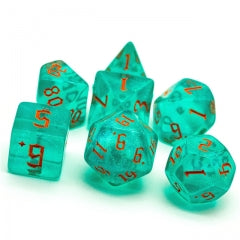 Blue/Teal Glitter Party Dice (Red/Orange font) 7-Dice Set RPG DND (Online Only)