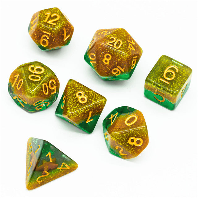 Green and Gold Starfish Dice 7-Dice Set Resin Dungeons and Dragons Dice (Online Only)
