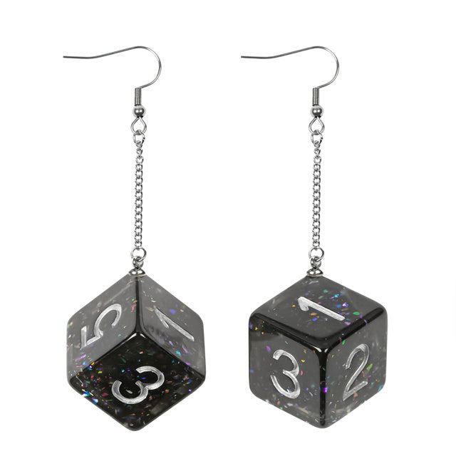 Black Glitter Dice Earrings: D6 Dice w/Colorful Inclusion Nerdy RPG Jewelry (Online Only)