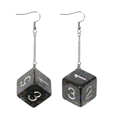 Black Glitter Dice Earrings: D6 Dice w/Colorful Inclusion Nerdy RPG Jewelry (Online Only)