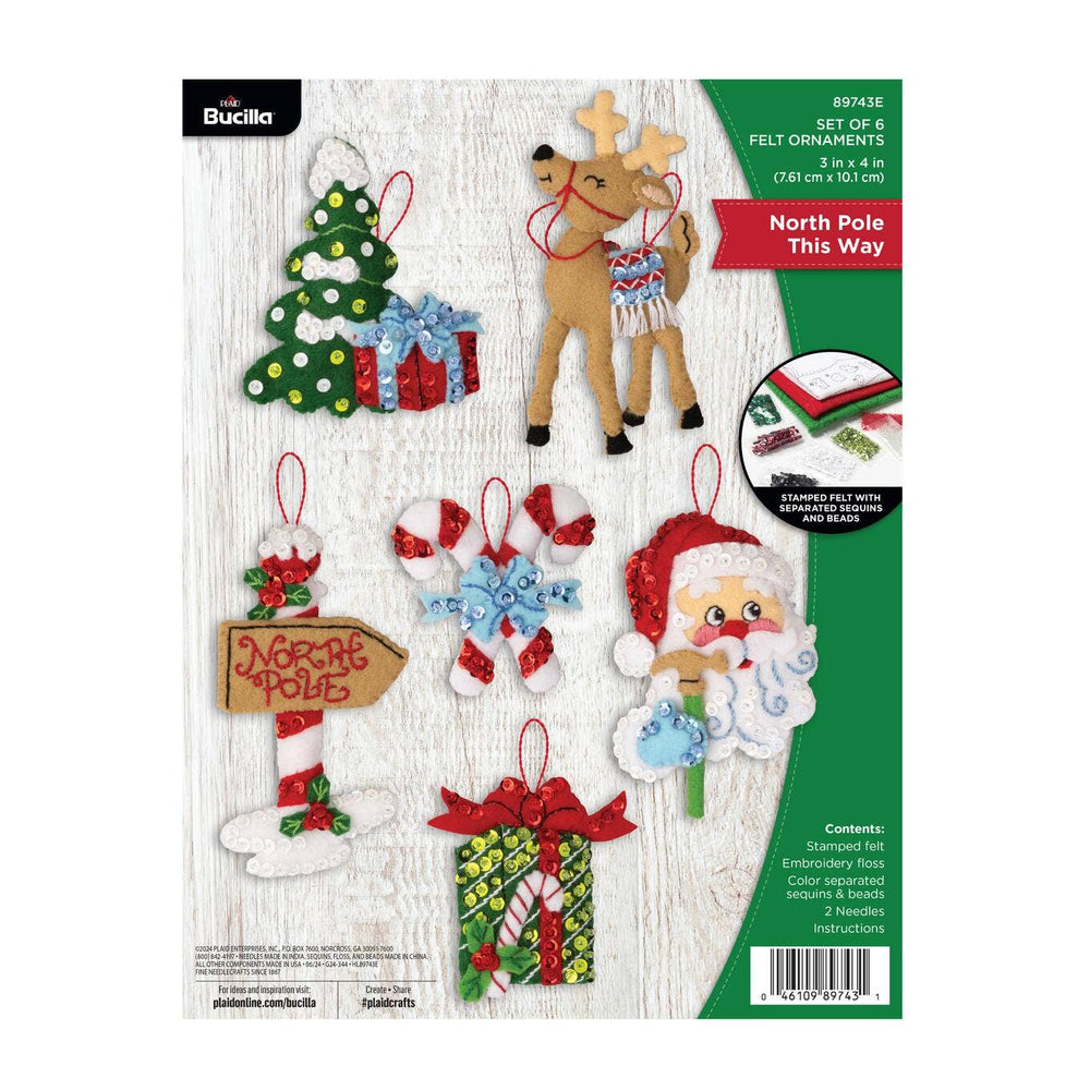 Bucilla North Pole This Way Felt Ornament Kit – Set of 6 Festive Christmas Ornaments (ONLINE ORDER ONLY)