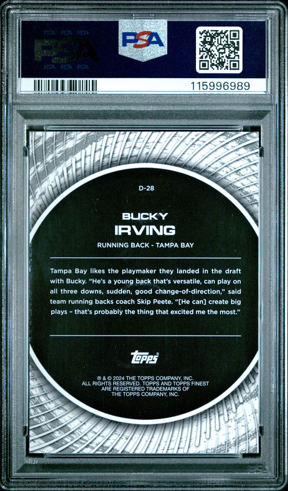Graded 2024 Topps Finest Bucky Irving #D28 Debut Purple Refractor /125 Rookie RC Football Card PSA 10 Gem Mint (ONLINE ORDER ONLY)