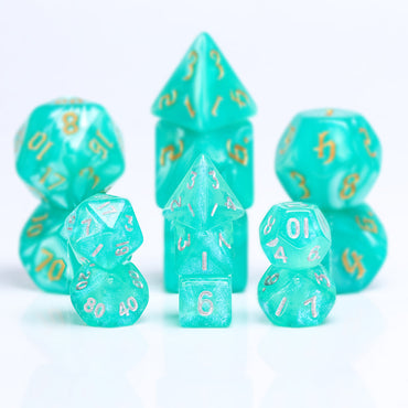 Glitter Teal 7-Dice Mini-Dice RPG Set w/Silver Numbers Miniature Dice (Online Only)