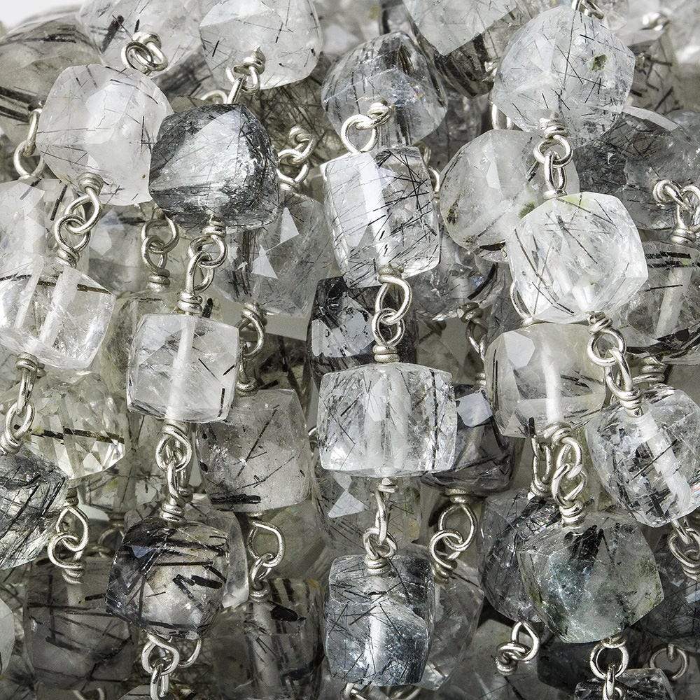 6mm Black Tourmalinated Quartz Faceted Cube Sterling Silver Chain by the foot (ONLINE ORDER ONLY)