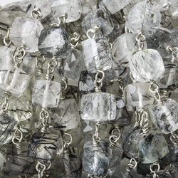 6mm Black Tourmalinated Quartz Faceted Cube Sterling Silver Chain by the foot (ONLINE ORDER ONLY)
