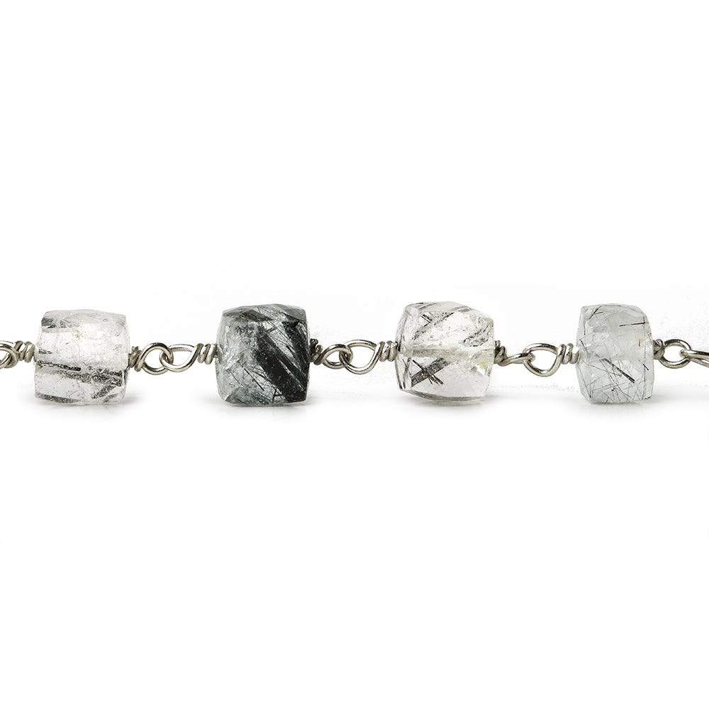 6mm Black Tourmalinated Quartz Faceted Cube Sterling Silver Chain by the foot (ONLINE ORDER ONLY)