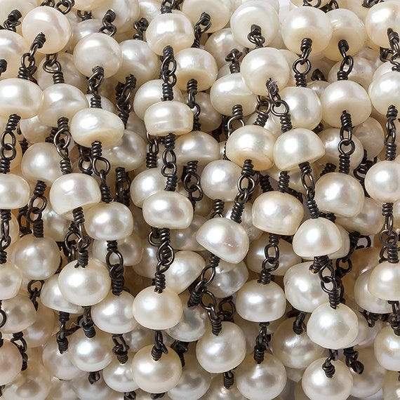 6mm Cream Button Freshwater Pearl Black Gold .925 Chain by the foot 28 beads (ONLINE ORDER ONLY)