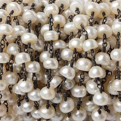 6mm Cream Button Freshwater Pearl Black Gold .925 Chain by the foot 28 beads (ONLINE ORDER ONLY)