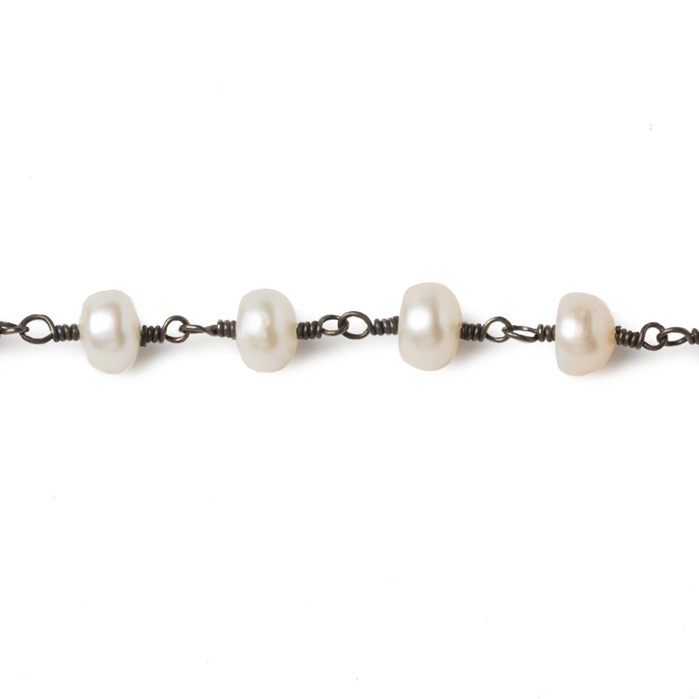 6mm Cream Button Freshwater Pearl Black Gold .925 Chain by the foot 28 beads (ONLINE ORDER ONLY)