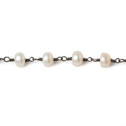 6mm Cream Button Freshwater Pearl Black Gold .925 Chain by the foot 28 beads (ONLINE ORDER ONLY)