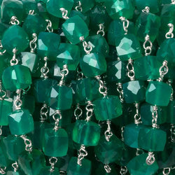 6mm Green Onyx faceted cube .925 Silver Chain by the foot 29 pieces (ONLINE ORDER ONLY)