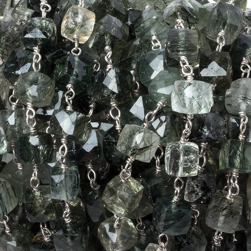 6mm Green Tourmalinated faceted cube .925 Silver Chain by the foot 29 pieces (ONLINE ORDER ONLY)