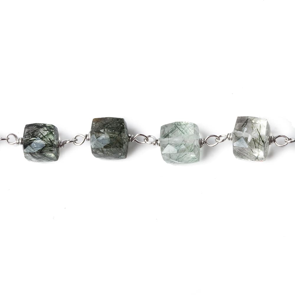6mm Green Tourmalinated faceted cube .925 Silver Chain by the foot 29 pieces (ONLINE ORDER ONLY)