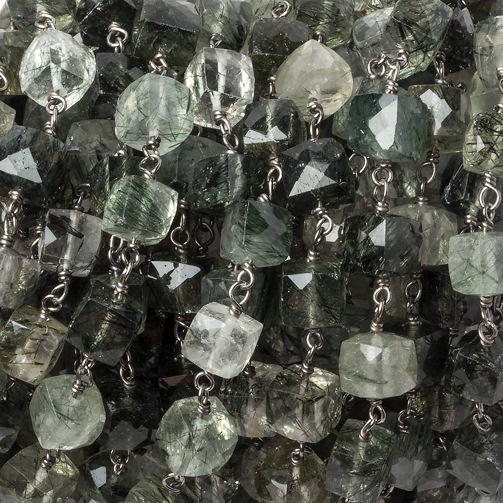 6mm Green Tourmalinated faceted cube Black Gold .925 Silver Chain by the foot 29 pieces (ONLINE ORDER ONLY)
