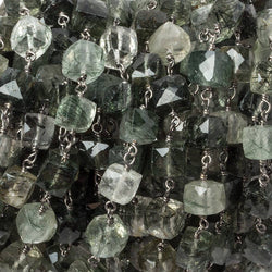 6mm Green Tourmalinated faceted cube Black Gold .925 Silver Chain by the foot 29 pieces (ONLINE ORDER ONLY)
