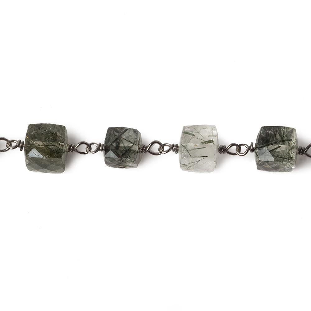 6mm Green Tourmalinated faceted cube Black Gold .925 Silver Chain by the foot 29 pieces (ONLINE ORDER ONLY)