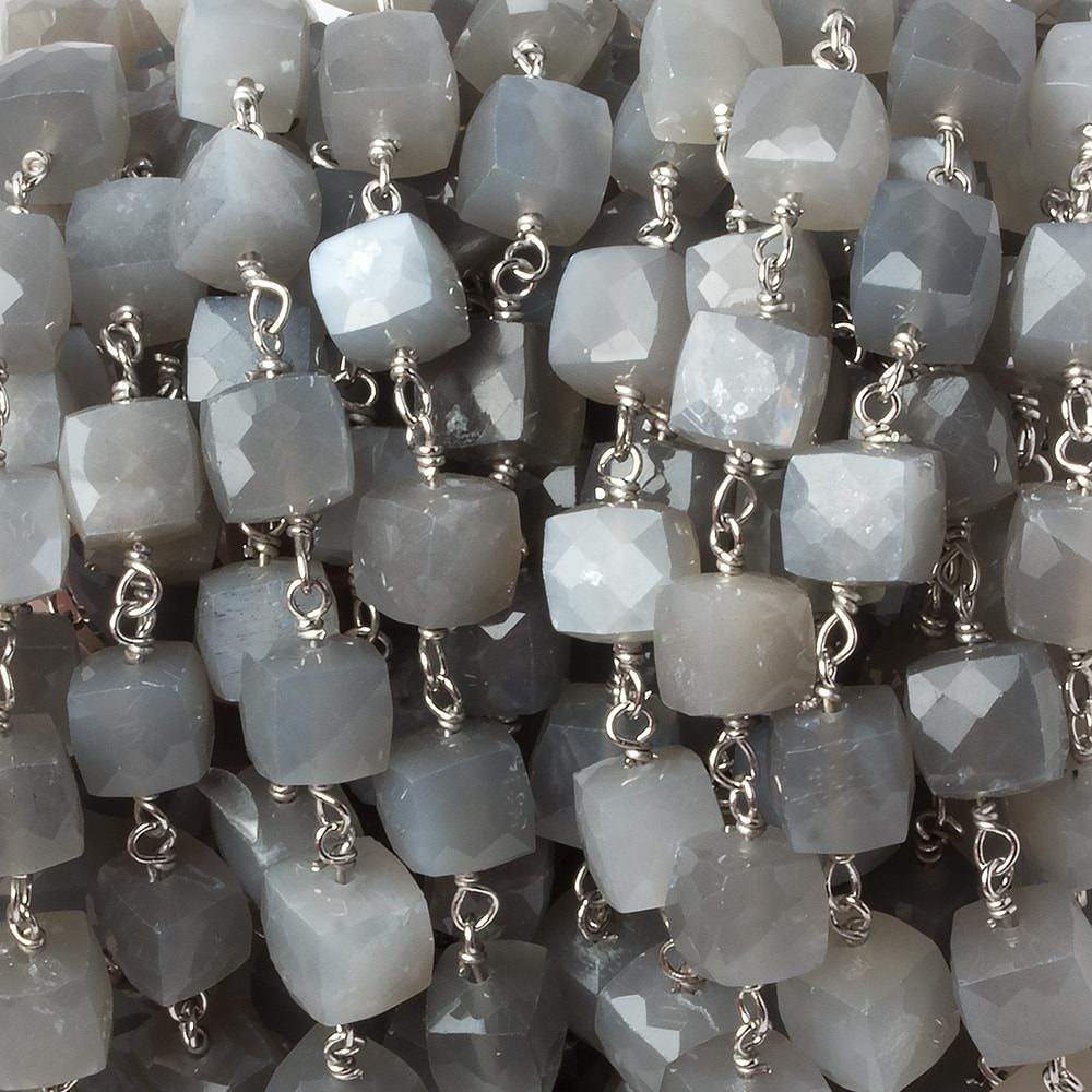 6mm Grey Moonstone faceted cube .925 Silver Chain by the foot 29 pieces (ONLINE ORDER ONLY)