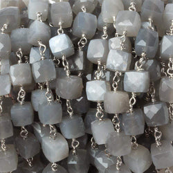 6mm Grey Moonstone faceted cube .925 Silver Chain by the foot 29 pieces (ONLINE ORDER ONLY)