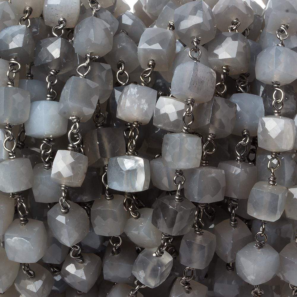 6mm Grey Moonstone faceted cube Black Gold .925 Silver Chain by the foot 29 pieces (ONLINE ORDER ONLY)