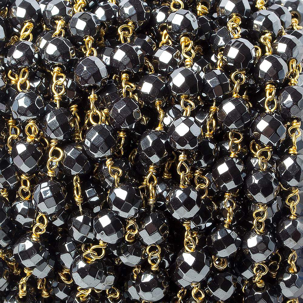6mm Hematite faceted round Gold Chain by the foot 27 pieces (ONLINE ORDER ONLY)