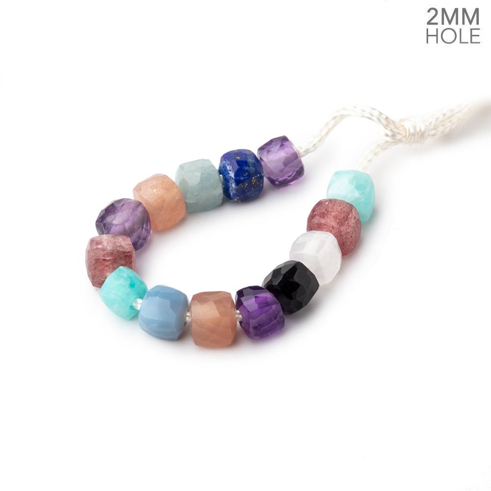 6mm Multi Gemstone 2mm Large Hole Faceted Cube Beads Set of 13 (ONLINE ORDER ONLY)