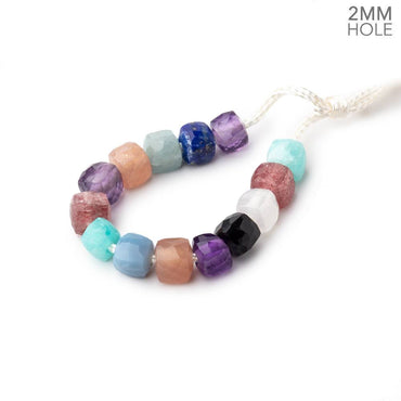 6mm Multi Gemstone 2mm Large Hole Faceted Cube Beads Set of 13 (ONLINE ORDER ONLY)