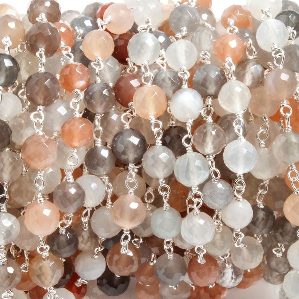 6mm Multi Moonstone faceted round .925 Silver Chain by the foot 27 beads (ONLINE ORDER ONLY)