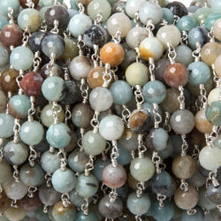 6mm MultiColor Amazonite faceted round Silver chain by the foot 26 pcs (ONLINE ORDER ONLY)